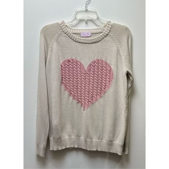 Pink Lily Sweaters - Pink Lily women’s cream knit sweater pink heart size Medium #44-1726